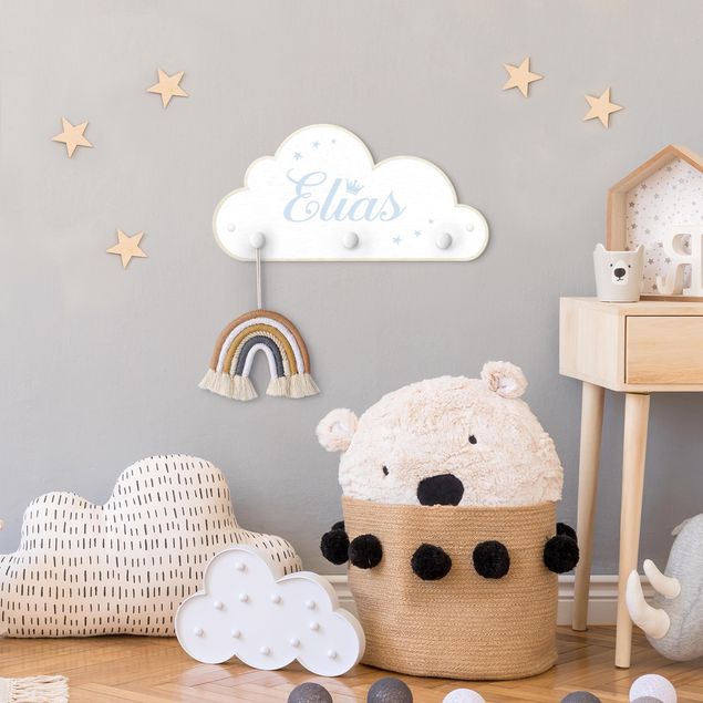 Coat rack for children - White Clouds Crown With Customised Name Light Blue