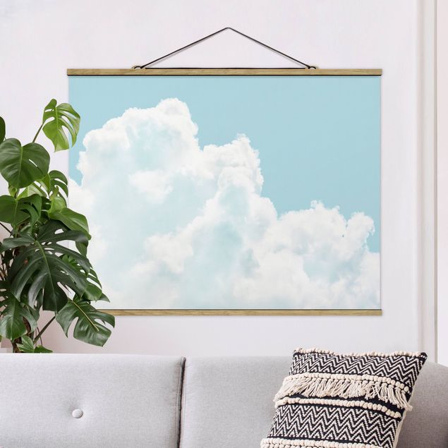 Fabric print with poster hangers - White Clouds In Sky Blue - Landscape format 4:3