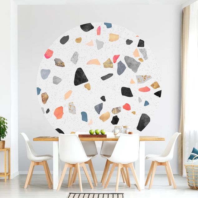 Self-adhesive round wallpaper - White Terrazzo With Gold Stones