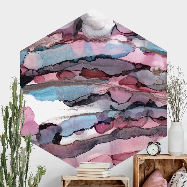 Hexagonal wall mural Surfing Waves In Purple With Pink Gold