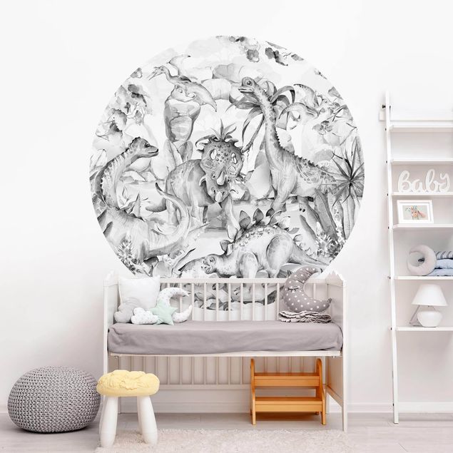 Self-adhesive round wallpaper - World Of Dinosaurs Black and White