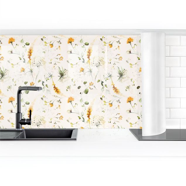 Kitchen wall cladding - Wildflowers Watercolour Pattern on Beige