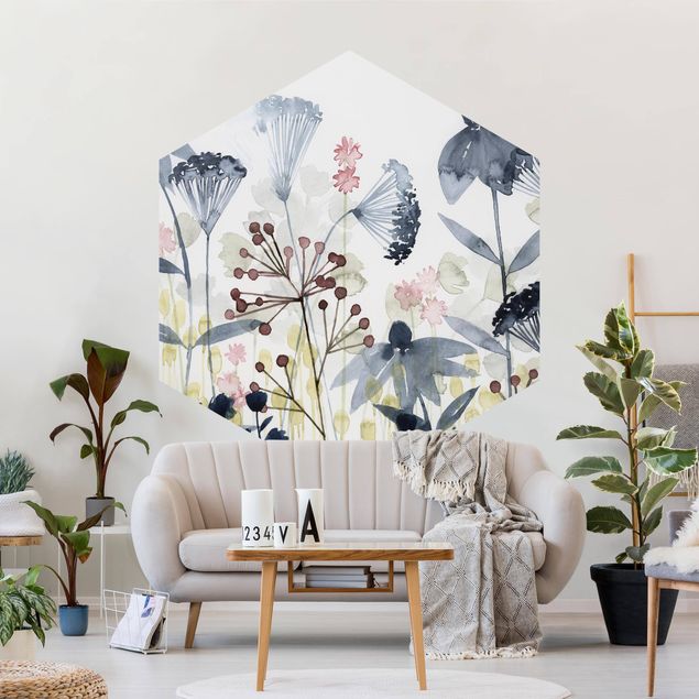 Self-adhesive hexagonal pattern wallpaper - Wild Flowers Watercolour I