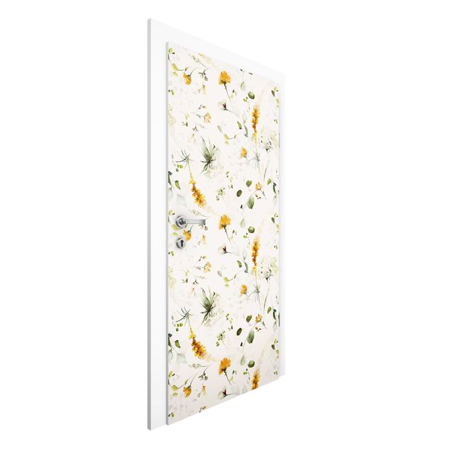 Door wallpaper - Wildflowers Watercolour Pattern on Beige