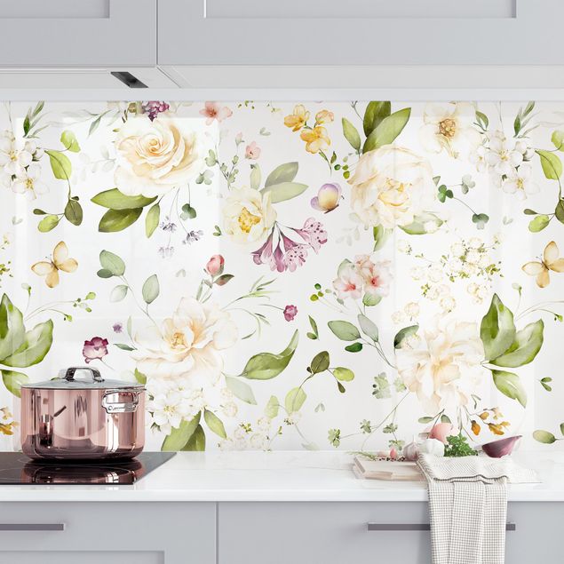 Kitchen splashback flower Wildflowers and White Roses Watercolour Pattern