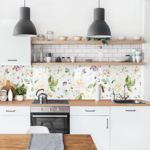 Kitchen splashback animals Wildflowers and White Roses Watercolour Pattern