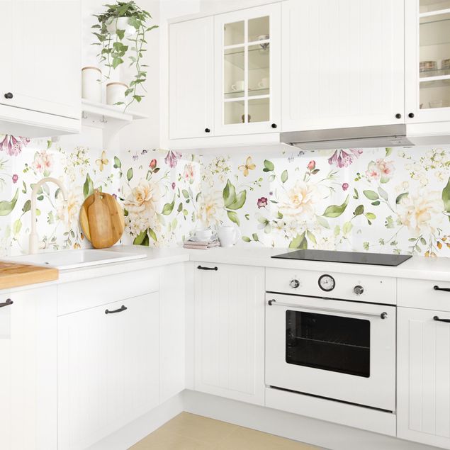 Kitchen splashbacks Wildflowers and White Roses Watercolour Pattern