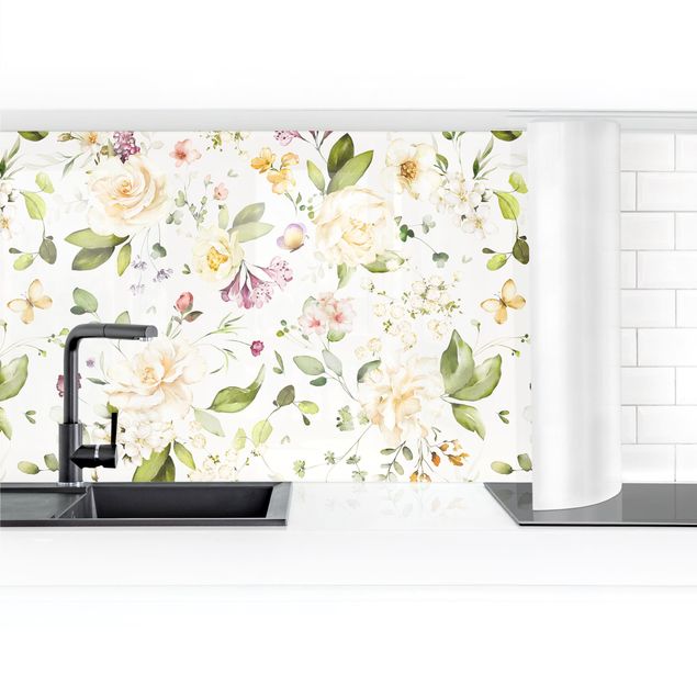 Kitchen wall cladding - Wildflowers and White Roses Watercolour Pattern