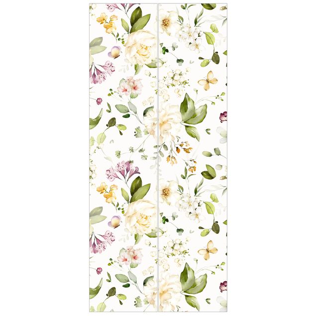 Door wallpaper - Wildflowers and White Roses Watercolour Pattern