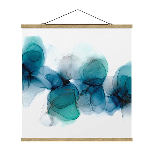 Fabric print with poster hangers - Wild Flowers In Blue And Gold - Square 1:1
