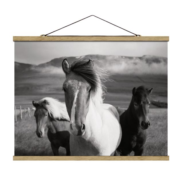 Fabric print with poster hangers - Wild Horses Black And White - Landscape format 4:3
