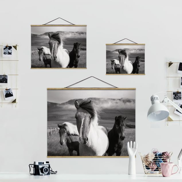 Fabric print with poster hangers - Wild Horses Black And White - Landscape format 4:3