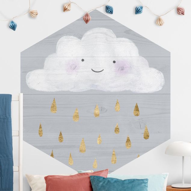 Self-adhesive hexagonal wall mural Cloud With Golden Raindrops