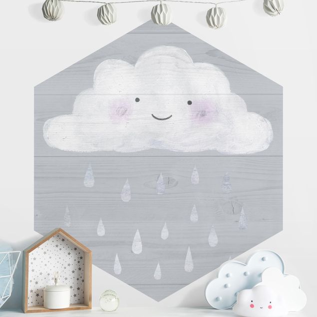 Hexagonal wall mural Cloud With Silver Raindrops