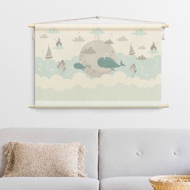 fabric wall hanging Clouds With Whale And Castle