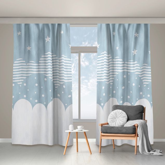 striped drapes Clouds and Stars - blue