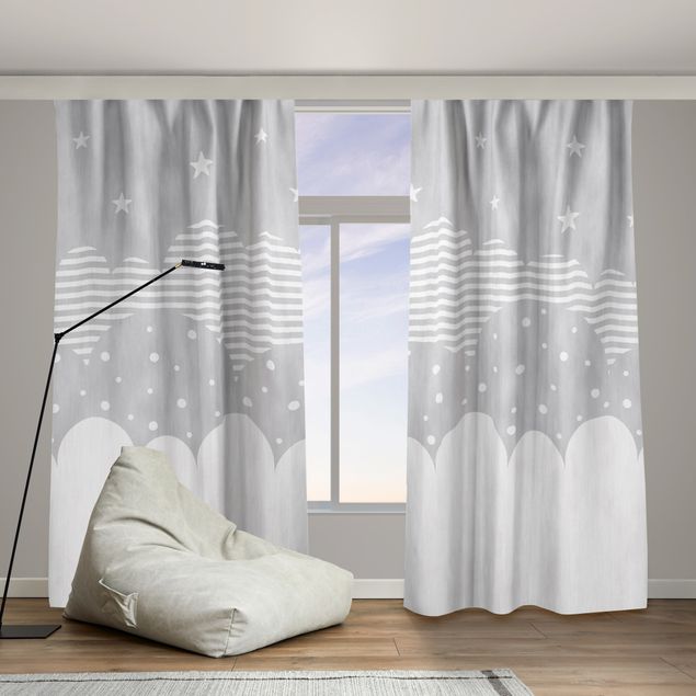 Striped curtains Clouds and Stars - grey