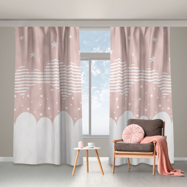 horizontal striped curtains Clouds and Stars - pink