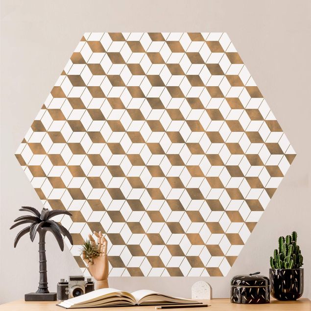 Hexagonal wallpapers Cube Pattern In 3D Gold