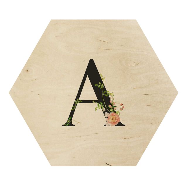 Wooden hexagon - Desired Letter Watercolour Flowers