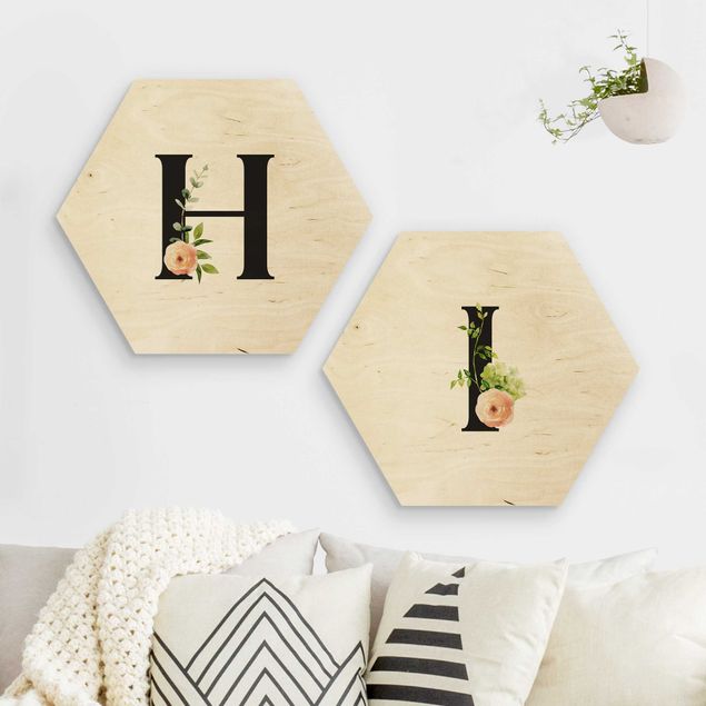 Wooden hexagon - Desired Letter Watercolour Flowers