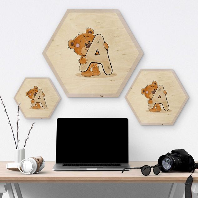 Wooden hexagon - Desired Letter Teddy Girl