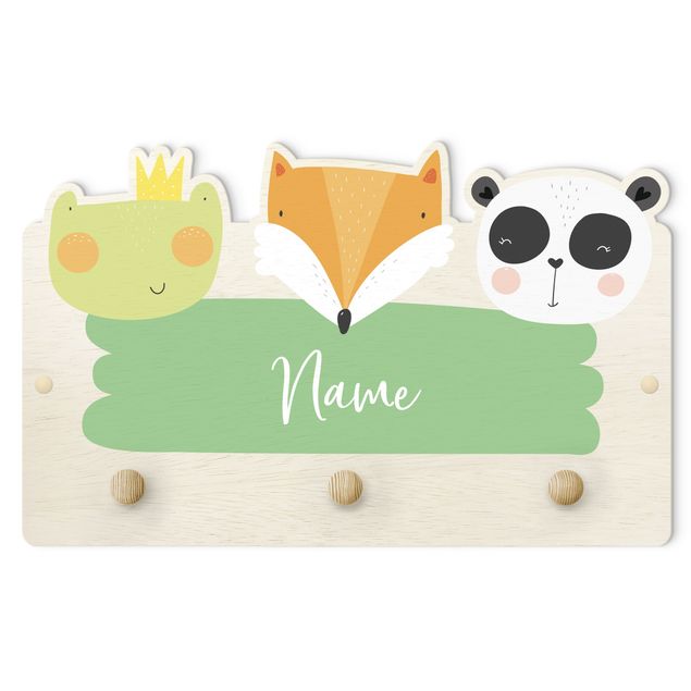 Coat rack for children - Customised Name Cute Zoo - Frog Fox And Panda