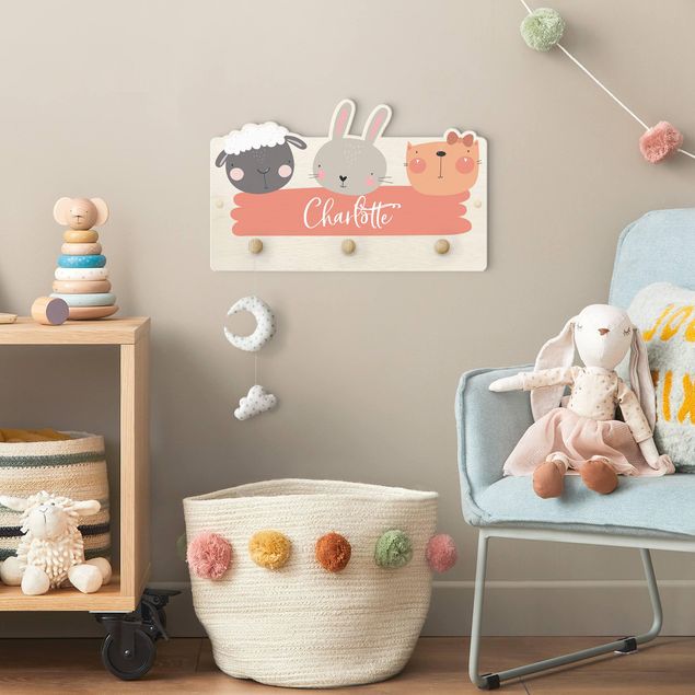 Coat rack for children - Customised Name Cute Zoo - Sheep Rabbit And Cat