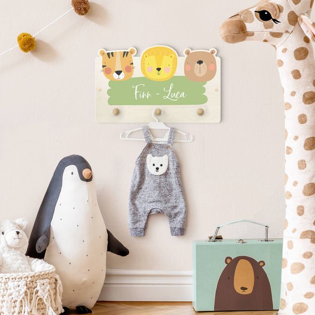 Coat rack for children - Customised Name Cute Zoo - Tiger Lion And Bear
