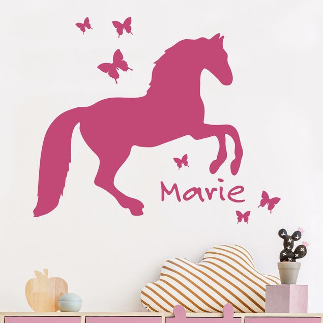 Autocolantes de parede cavalos Horse With Butterflies With Customised Name