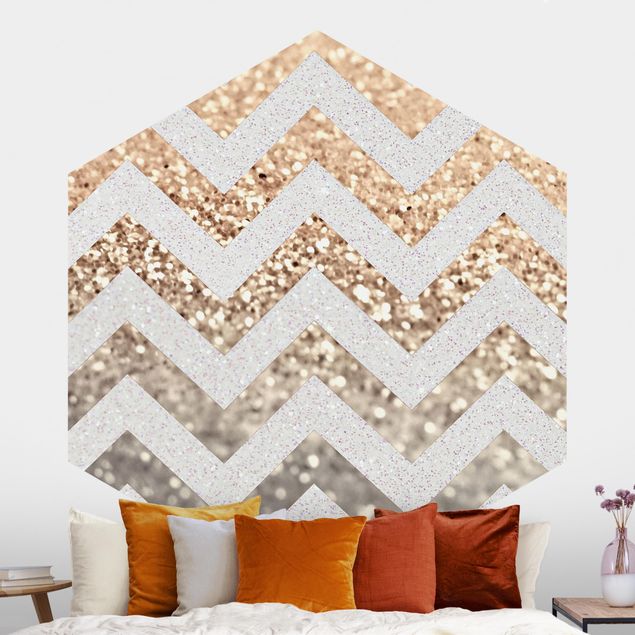 Self-adhesive hexagonal wall mural Zigzag Lines With Golden Glitter and Silver