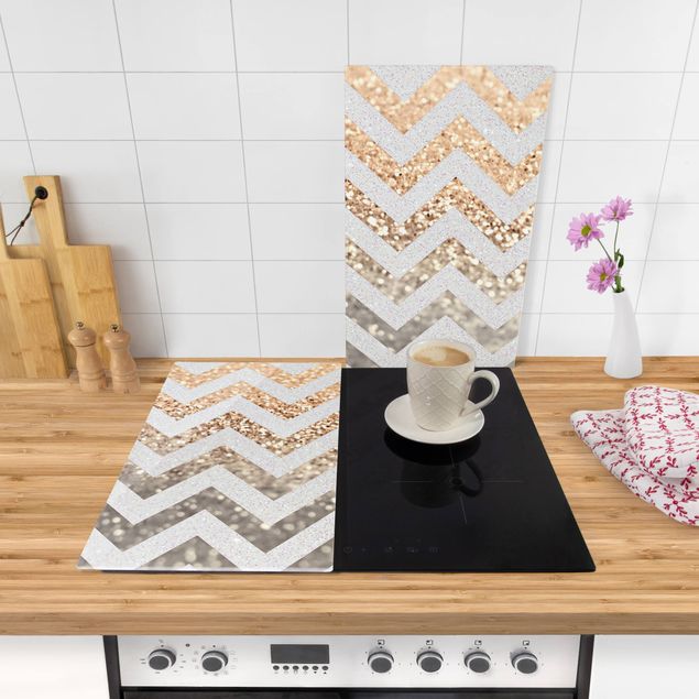Stove top covers - Zigzag Lines With Golden Glitter and Silver