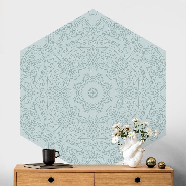 Self-adhesive hexagonal wall mural Jagged Mandala Flower With Star In Turquoise