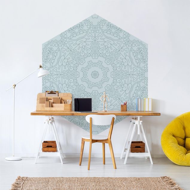 Self-adhesive hexagonal pattern wallpaper - Jagged Mandala Flower With Star In Turquoise
