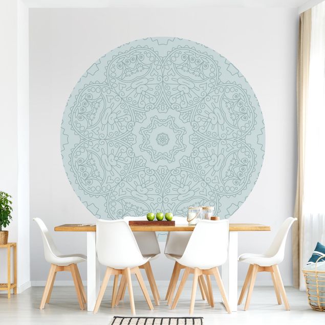 Self-adhesive round wallpaper - Jagged Mandala Flower With Star In Turquoise
