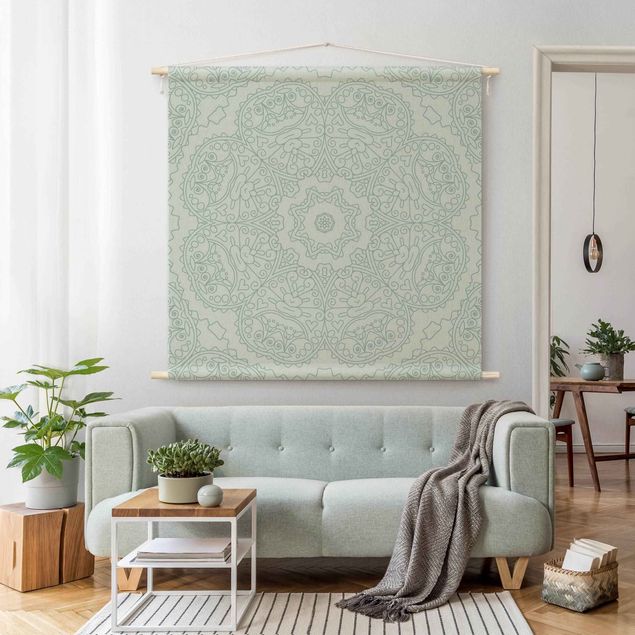 boho tapestry Jagged Mandala Flower With Star In Turquoise