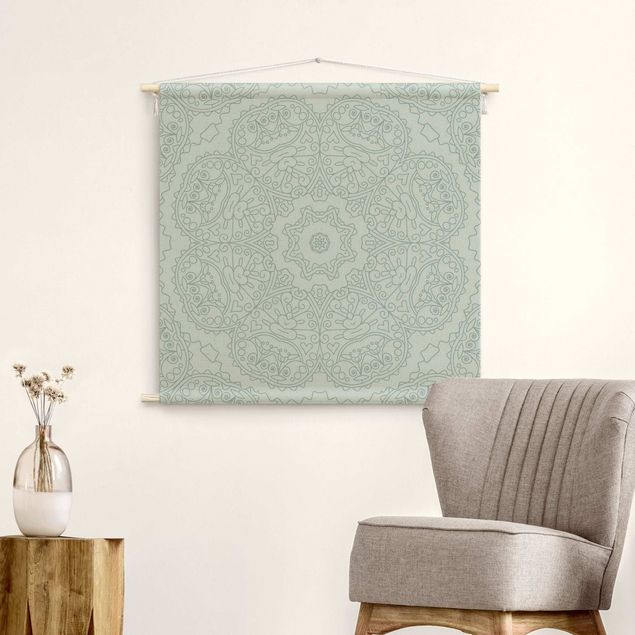 extra large tapestry Jagged Mandala Flower With Star In Turquoise