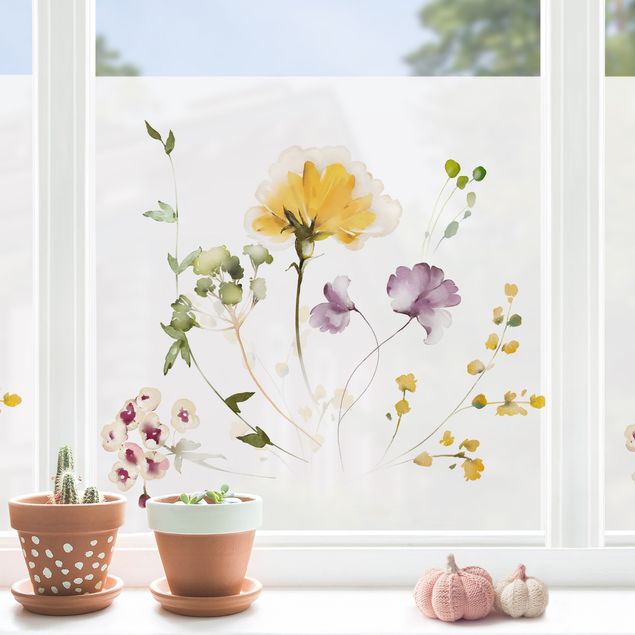 Window decoration - Delicate watercolour flowers violet-yellow