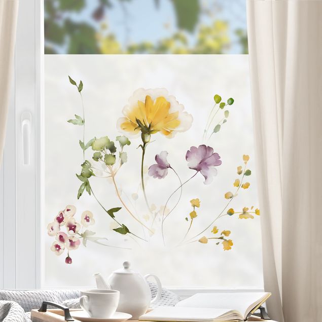 Window decoration - Delicate watercolour flowers violet-yellow