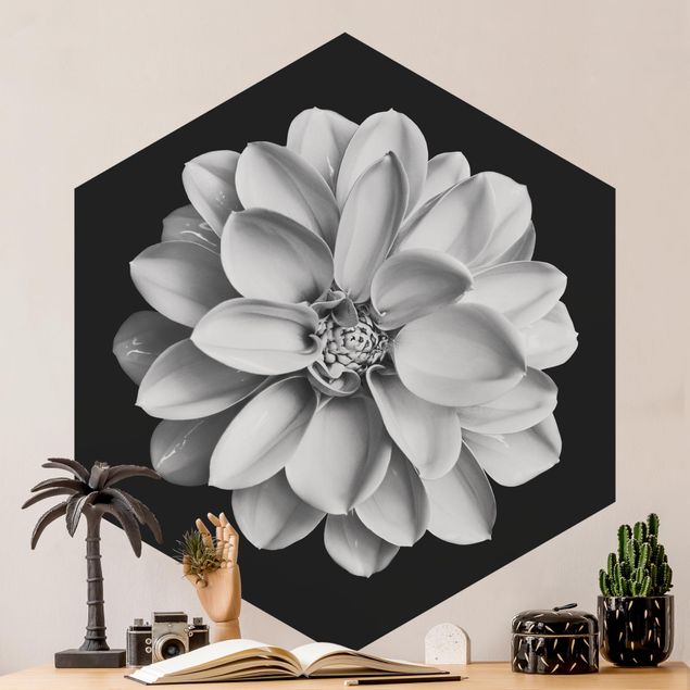Self-adhesive hexagonal wall mural Delicate Dahlia In Black And White