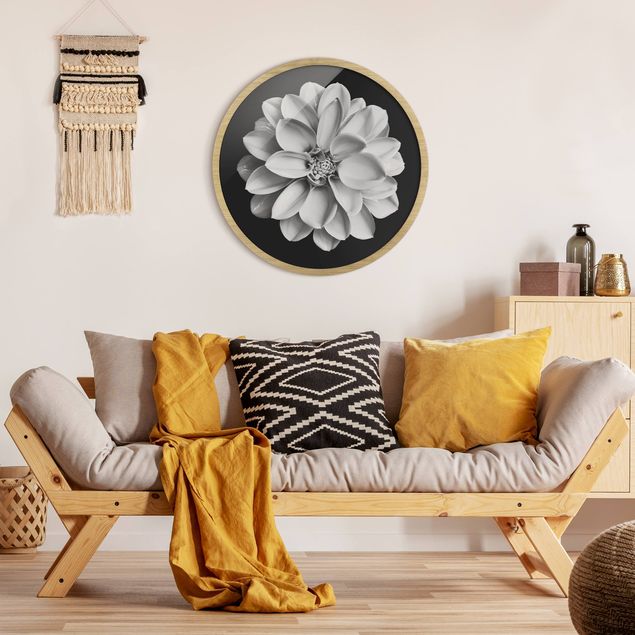 Circular framed print - Delicate Dahlia In Black And White