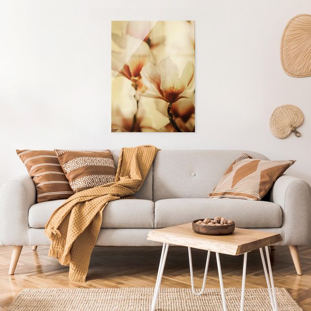 Glass print - Delicate Magnolia Flowers In An Interplay Of Light And Shadows - Portrait format
