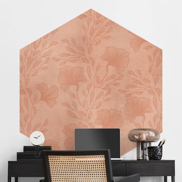 Hexagonal wall mural Delicate Branches In Rosé Gold