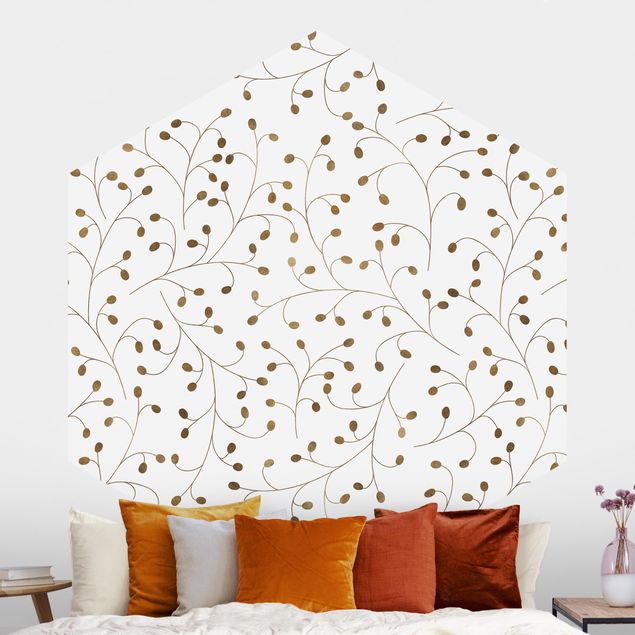 Self-adhesive hexagonal wall mural Delicate Branch Pattern With Dots In Gold