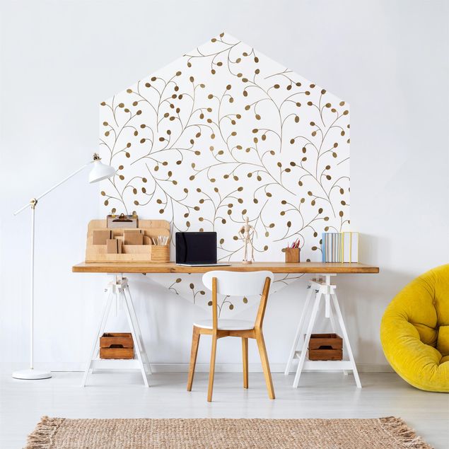 Self-adhesive hexagonal pattern wallpaper - Delicate Branch Pattern With Dots In Gold