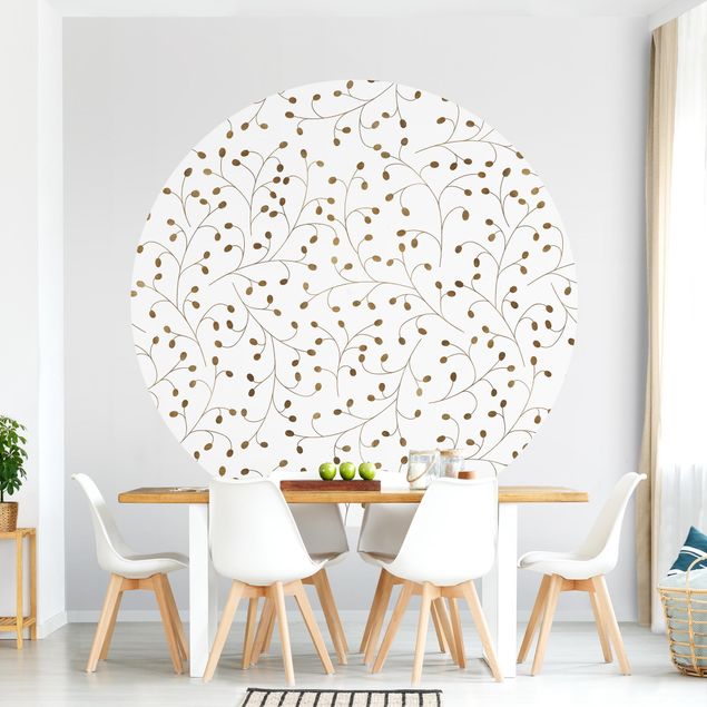 Self-adhesive round wallpaper - Delicate Branch Pattern With Dots In Gold