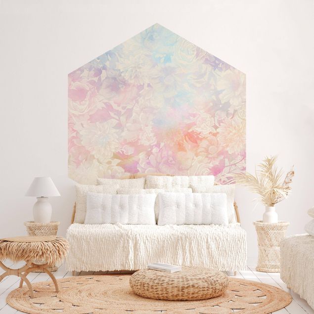 Self-adhesive hexagonal pattern wallpaper - Delicate Blossom Dream In Pastel