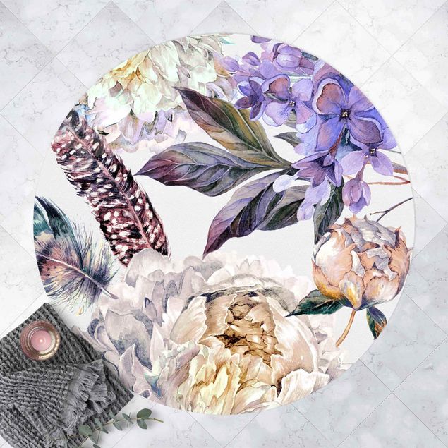 Outdoor rugs Delicate Watercolour Boho Flowers And Feathers Pattern