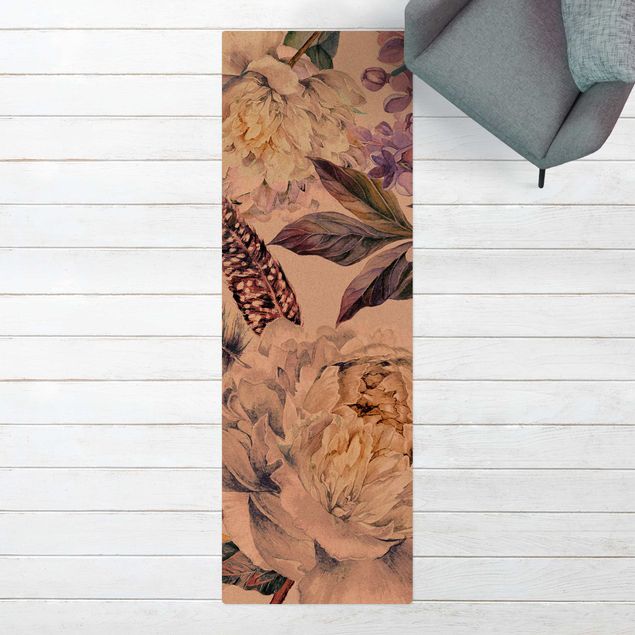 kitchen runner rugs Delicate Watercolour Boho Flowers And Feathers Pattern