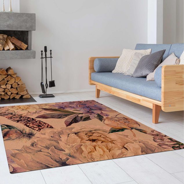 Flower Rugs Delicate Watercolour Boho Flowers And Feathers Pattern